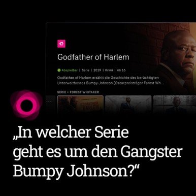 MagentaTV Content-Discovery-Konzept: In magenta-farbener UI die Frage „In welcher Serie geht es um den Gangster Bumpy Johnson?