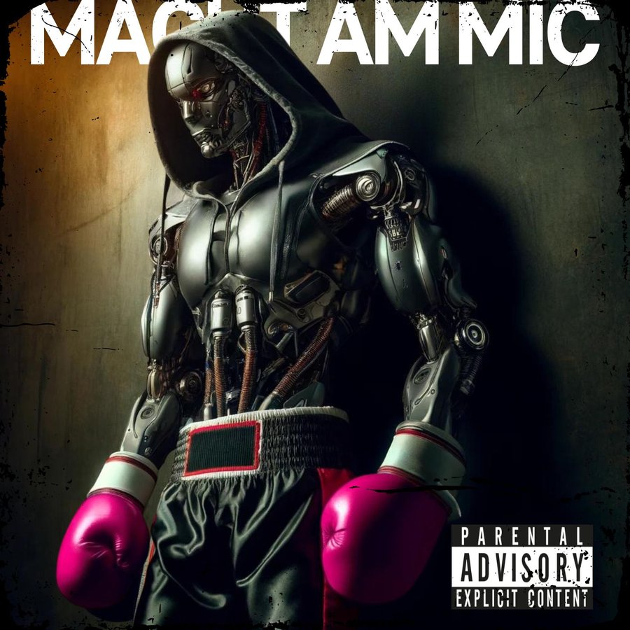 Album-Cover ‚MACHT AM MIC', Roboter-Boxer mit magenta Handschuhen, Parental-Advisory-Sticker, KI-generiert