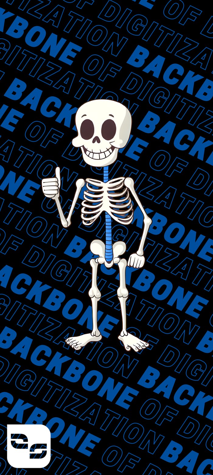 Sehr hohes Plakat mit einem Cartoon-Skelett und wiederkehrendem Text ‚BACKBONE OF DIGITIZATION', Telekom-Blau