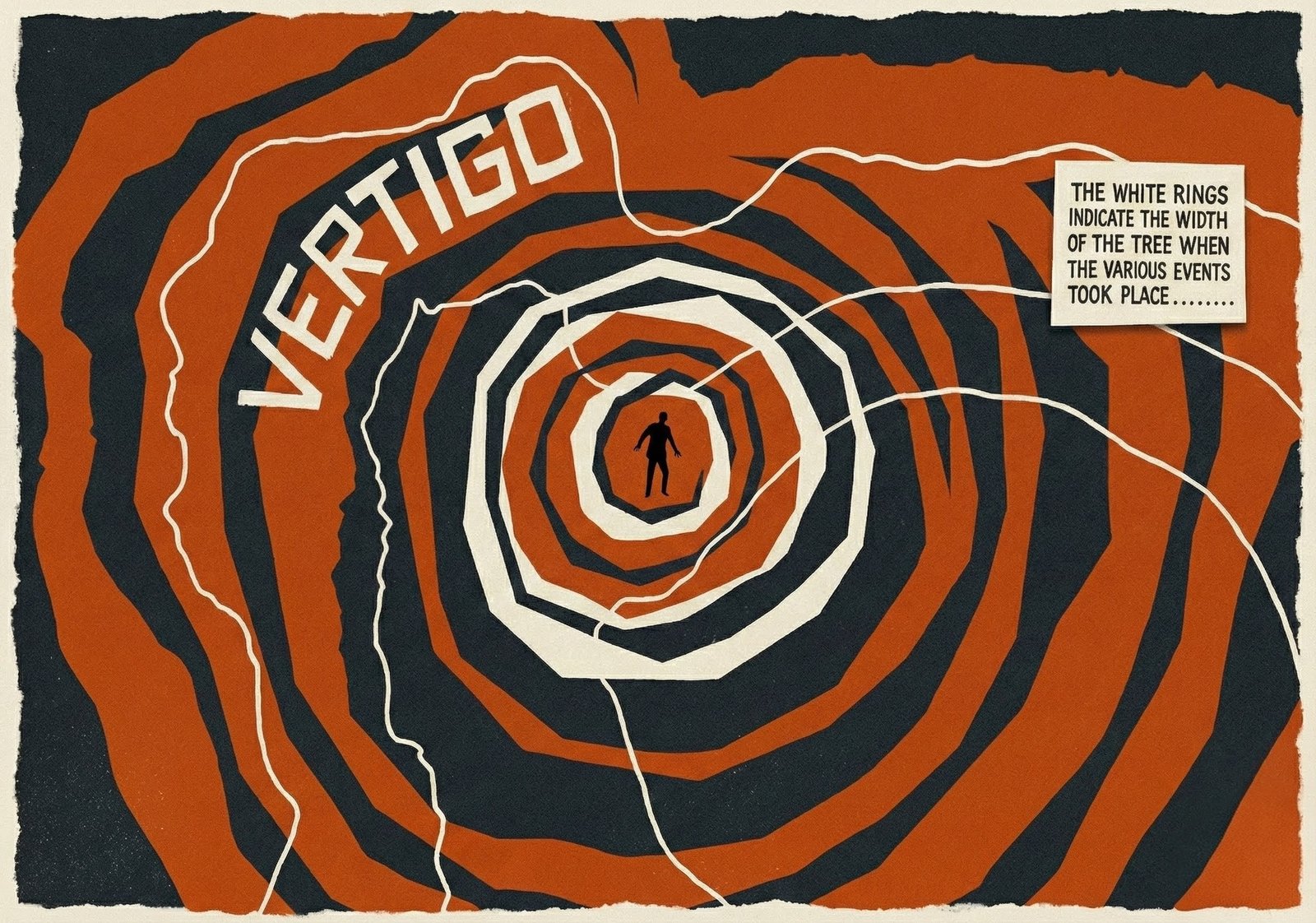 Vertigo-Druck im Saul-Bass-Stil: orange-schwarze Spirale mit winziger Figur im Zentrum, dazu der Kasten ‚The white rings indicate the width of the tree when the various events took place'
