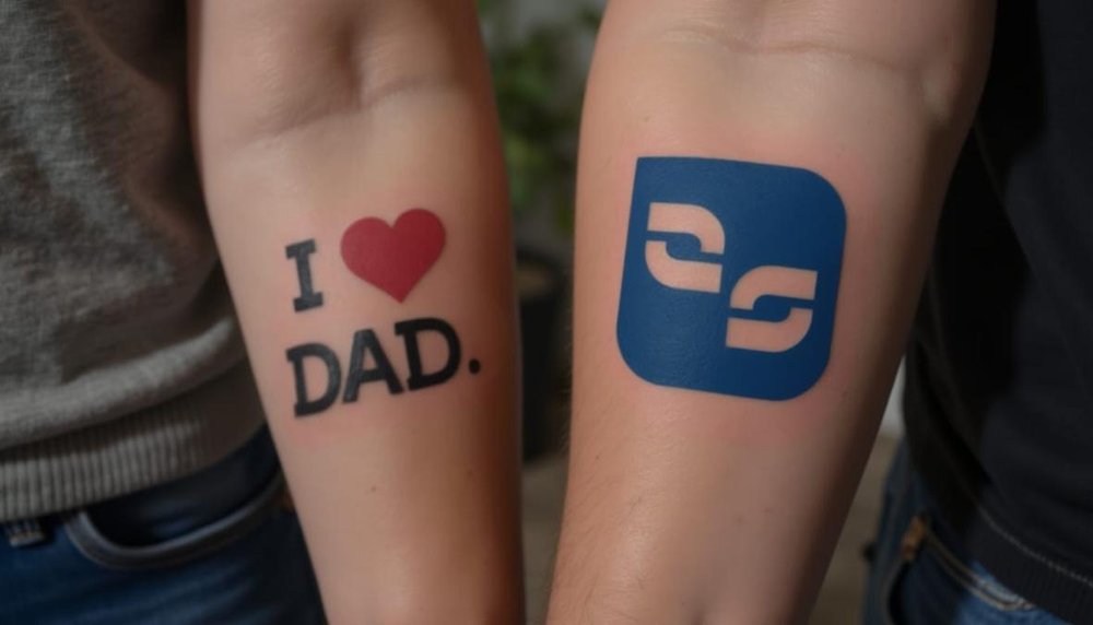 Zwei Unterarme mit Tattoos: I love Dad und das operational-services-Logo, KI-generiert