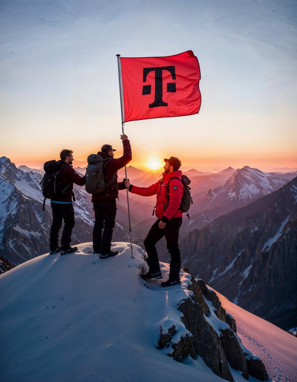 KI-generiertes Gipfelfoto: drei Bergsteiger hissen eine Telekom-Fahne im Sonnenuntergang