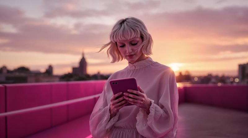 Frau auf einer Dachterrasse bei Sonnenuntergang in Magenta-Tönen, KI-generiert